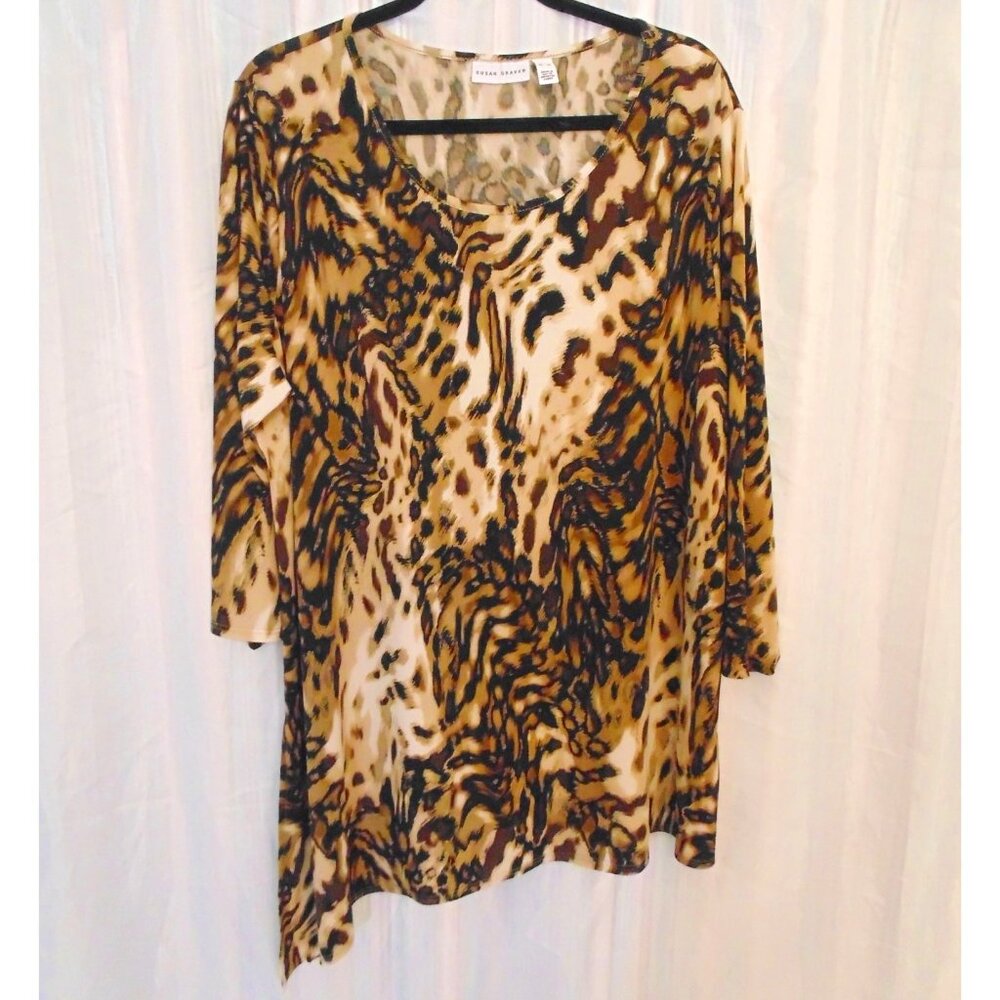 Susan Graver Women's Animal Print Blouse TShirt Asymmetrical Hem Top Size XL